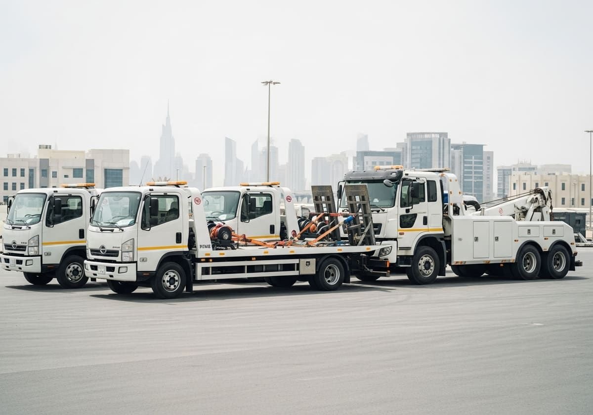 Fleet of white flatbed recovery trucks with the Dubai skyline behind