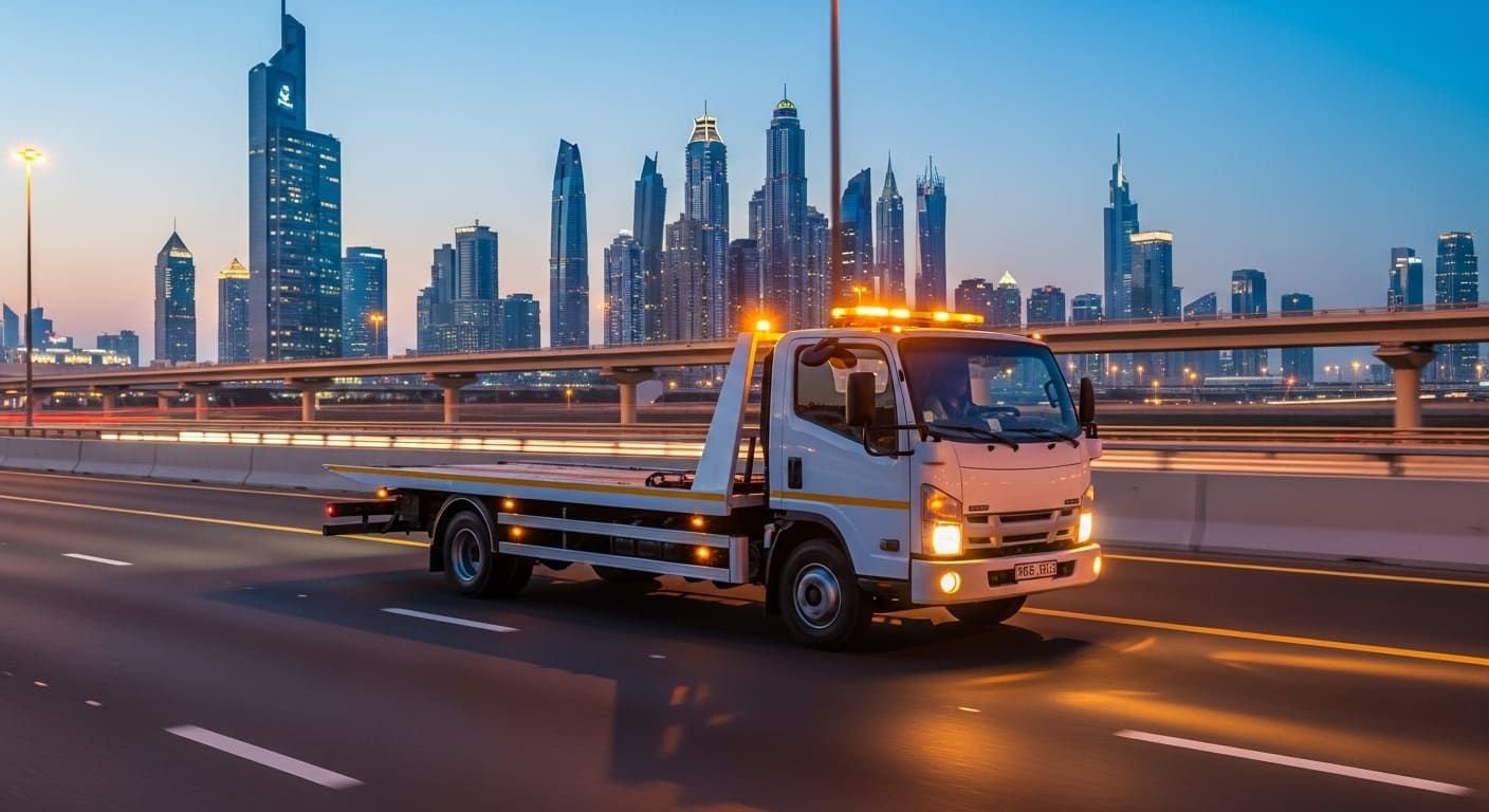 Car Recovery Dubai flatbed tow truck on a Dubai highway at dusk